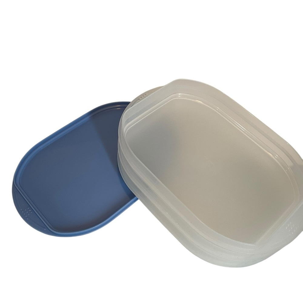 TUPPERWARE Stackable Container Set 3 Clearish Containers 1 Blue Lid - Picture 2 of 6